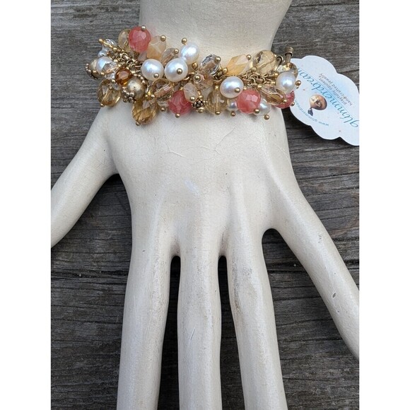 Vintage 22K Gold Vermeil Gemstone & Pearl Bracelet - Peach Chalcedony, Citrine - Picture 3 of 10